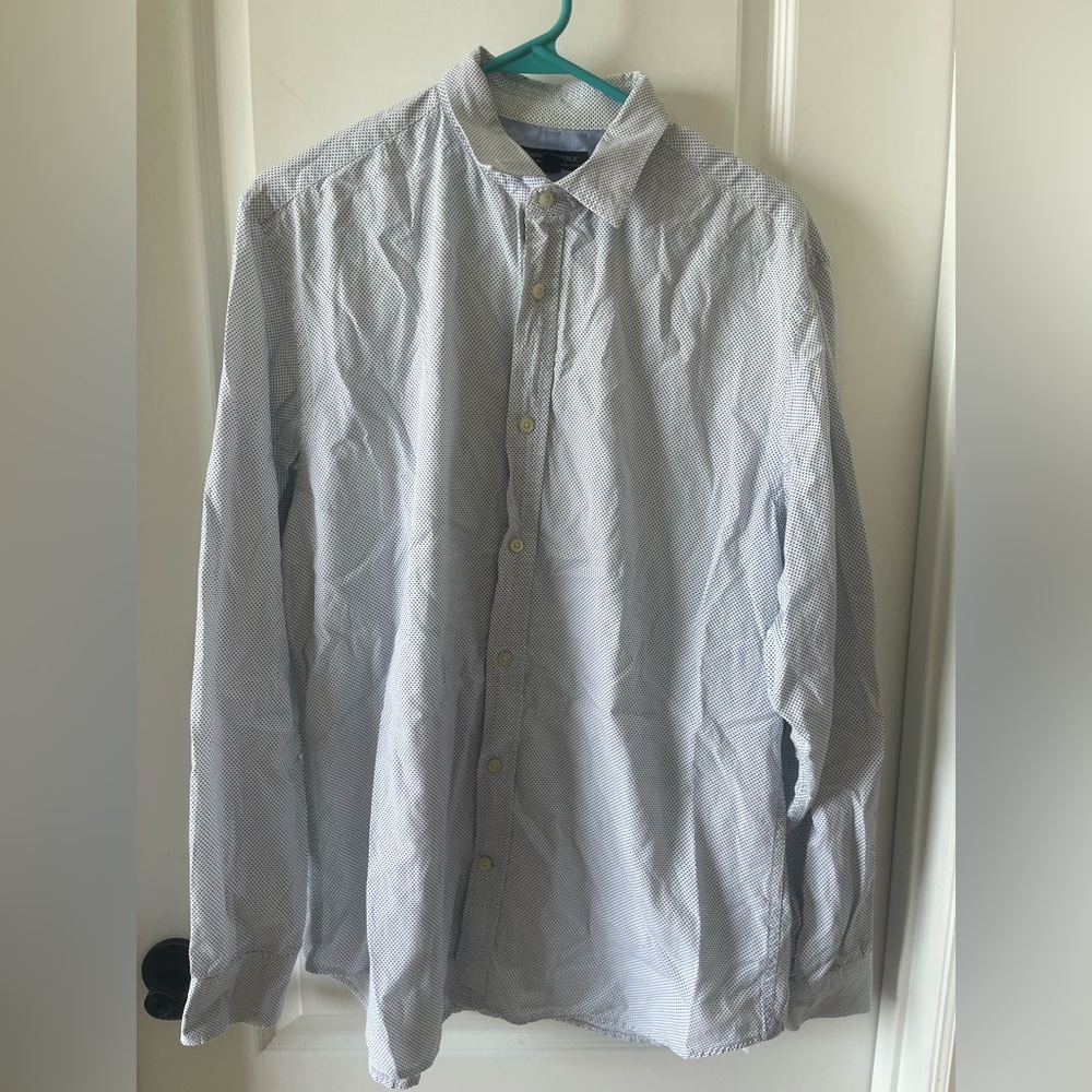 Banana Republic Men Large Blue & White Dotted Soft Wash Tailored Slim Fit Shirt